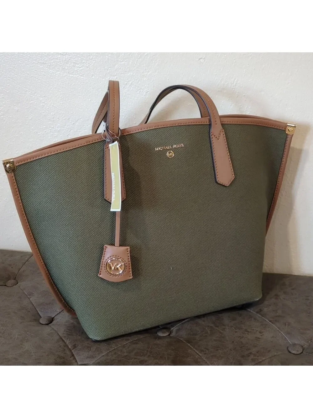 Michael Kors Emilia Large Tote Bag Olive Canvas Brown Leather Trim Gold Hardware